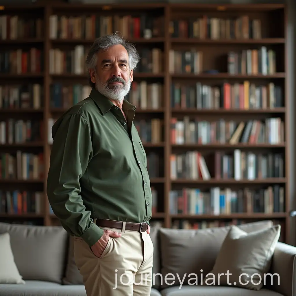 Man-in-Modern-Living-Room-with-BooksAI-Image-Prompt-Expansionhelf-and-Contemporary-Furniture