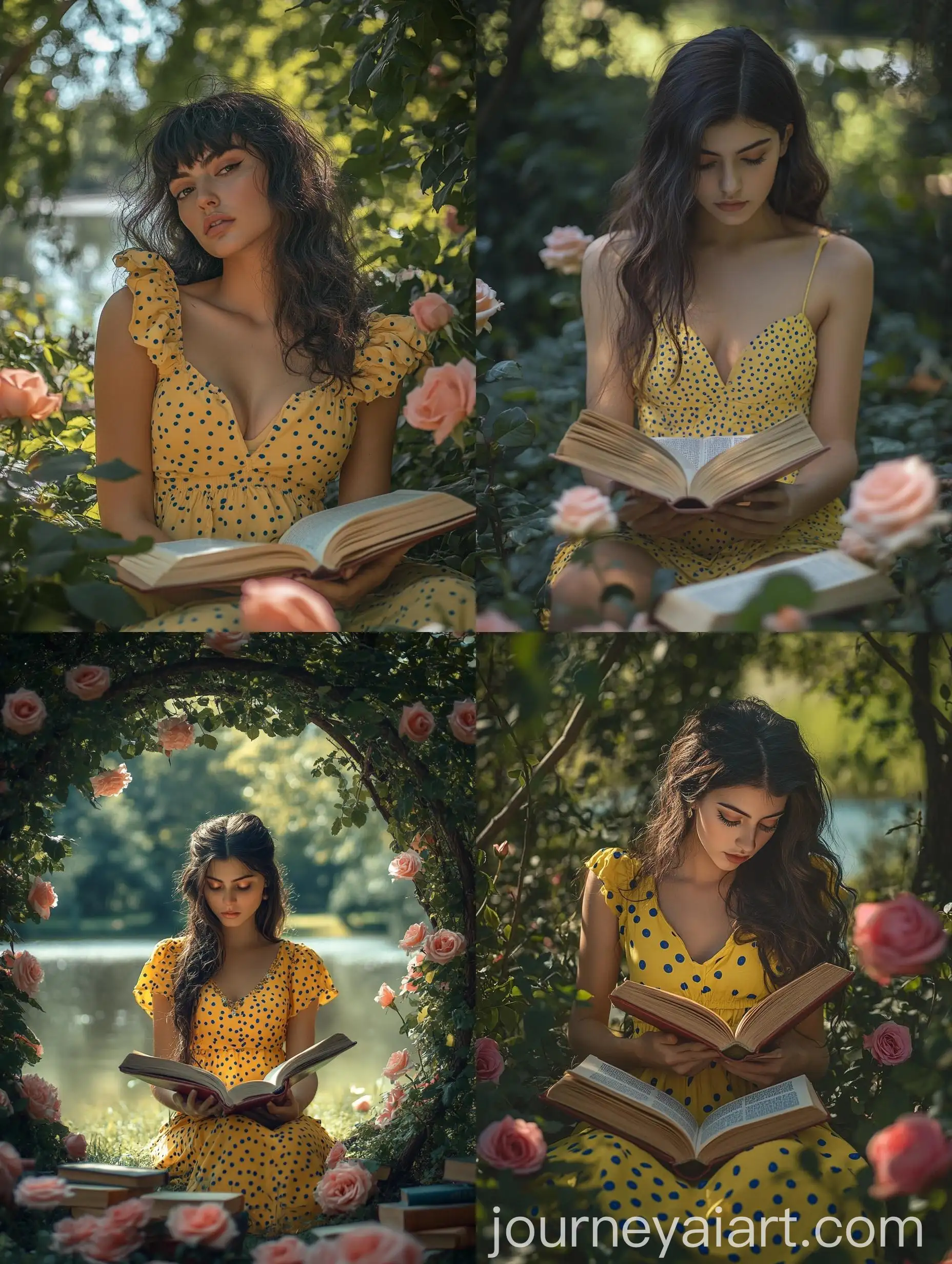 Tranquil-Park-Reading-Woman-in-Yellow-Sundress-Amidst-Books-and-Roses