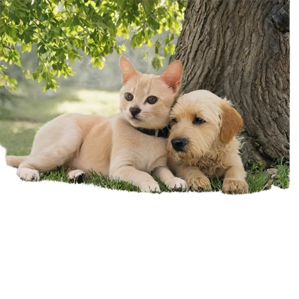 Cat and dog resting under a tree