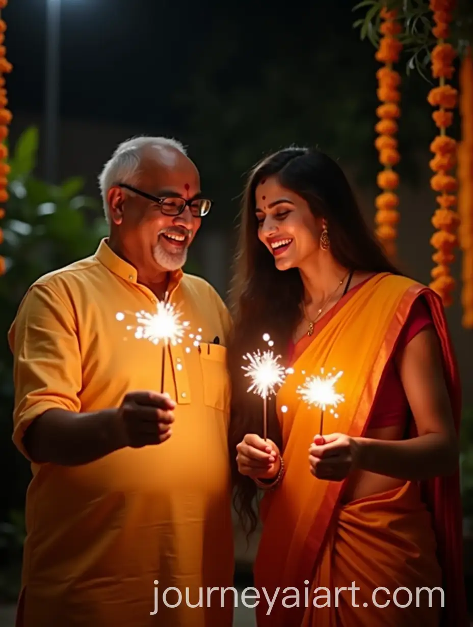 Indian-Family-Celebrating-Diwali-with-Sparklers-at-Night