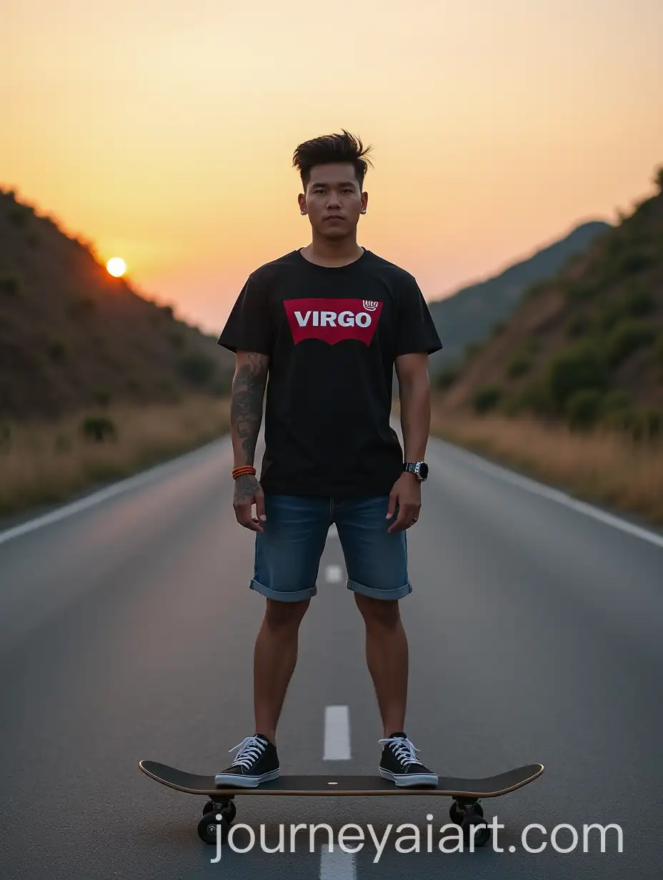 Confident-Korean-Man-in-VIRGO-Shirt-Riding-Skateboard-at-Sunset-on-Mountain-Road