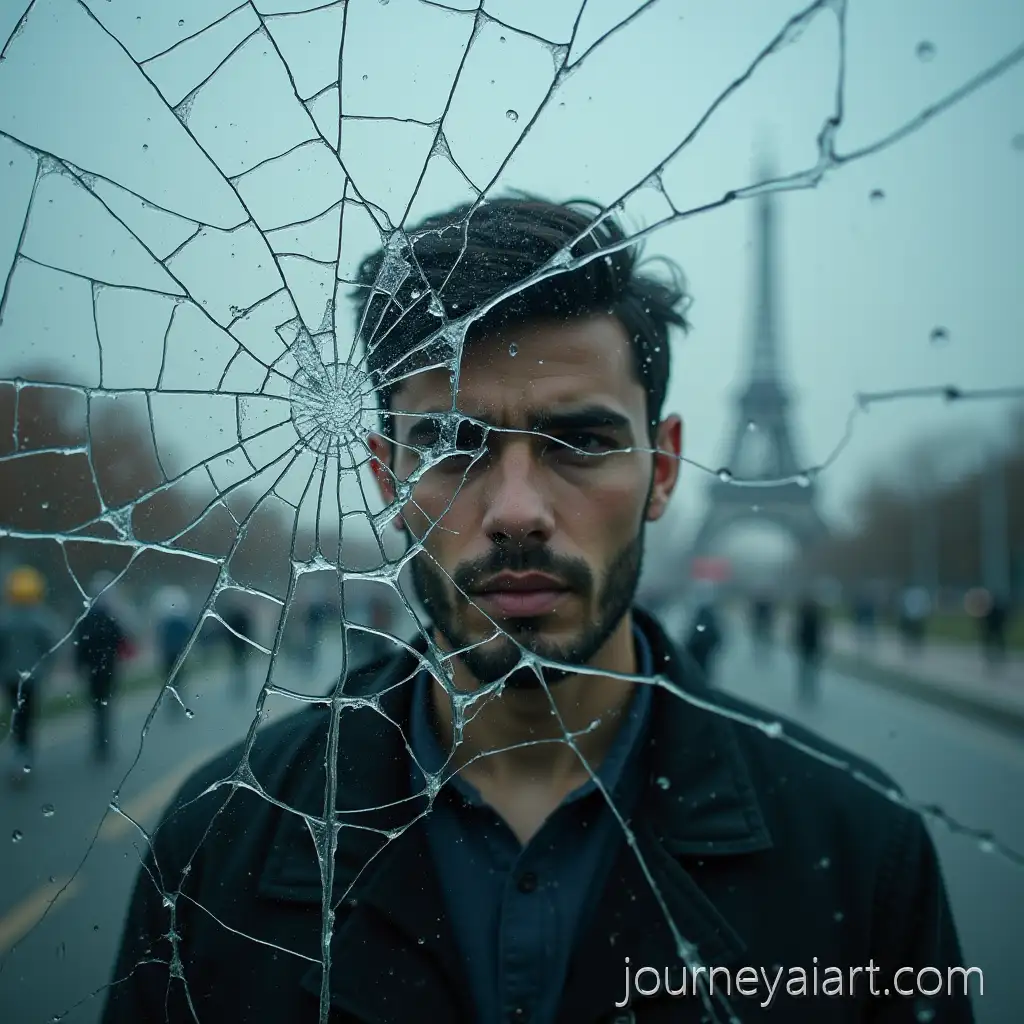 Person-Standing-Behind-Shattered-Glass-With-Multiple-Cracks-Outdoors