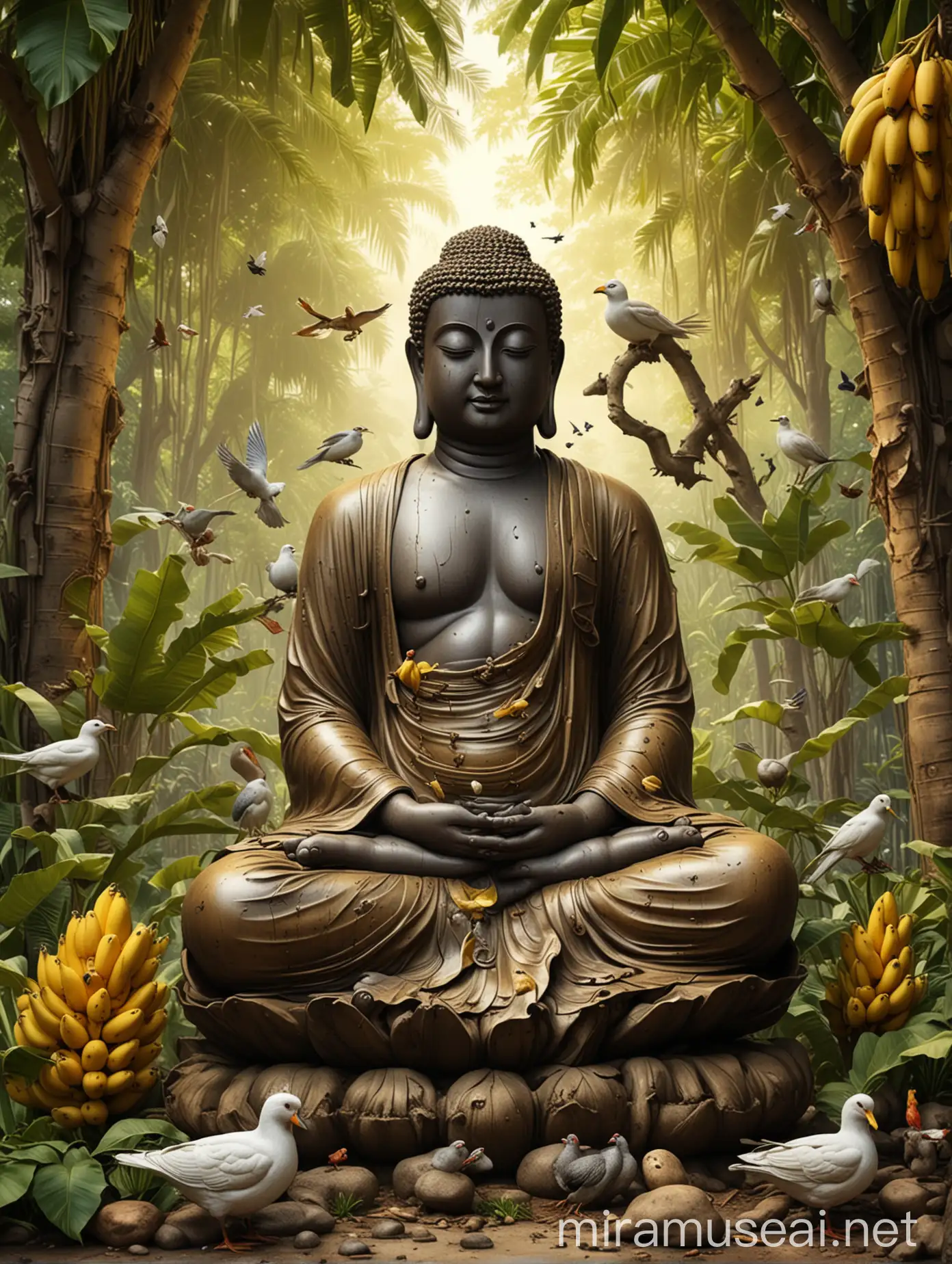 Realistic Buddha Statue Sitting Under Banana Tree Surrounded by Birds and Animals