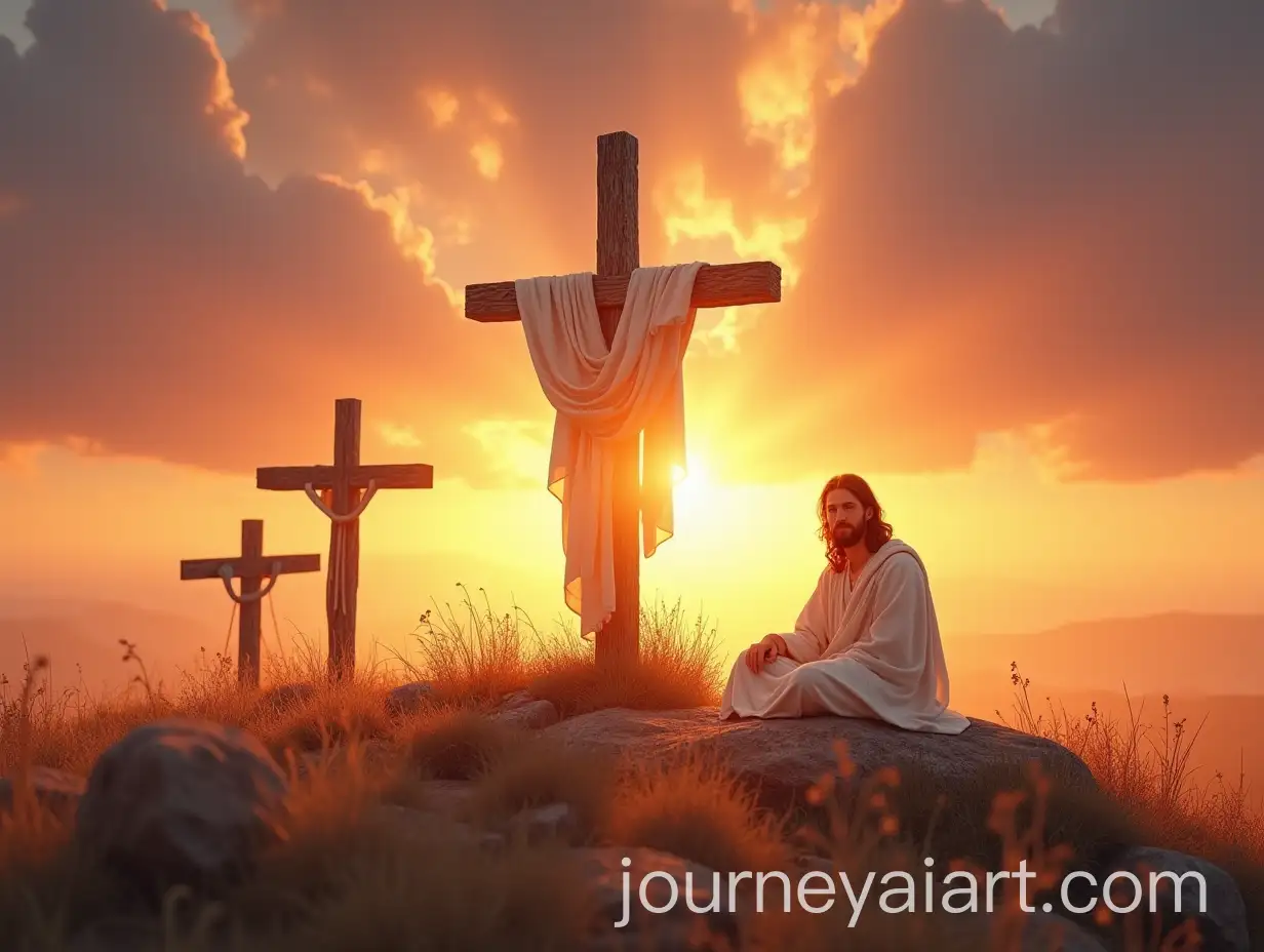 Panoramic-View-of-Three-Crosses-on-Hill-with-Sunset-and-Christs-Resurrection-Symbolism