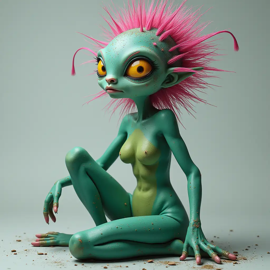 Alien woman green blue pink skin with wise speckles legs hairy porcupine hair