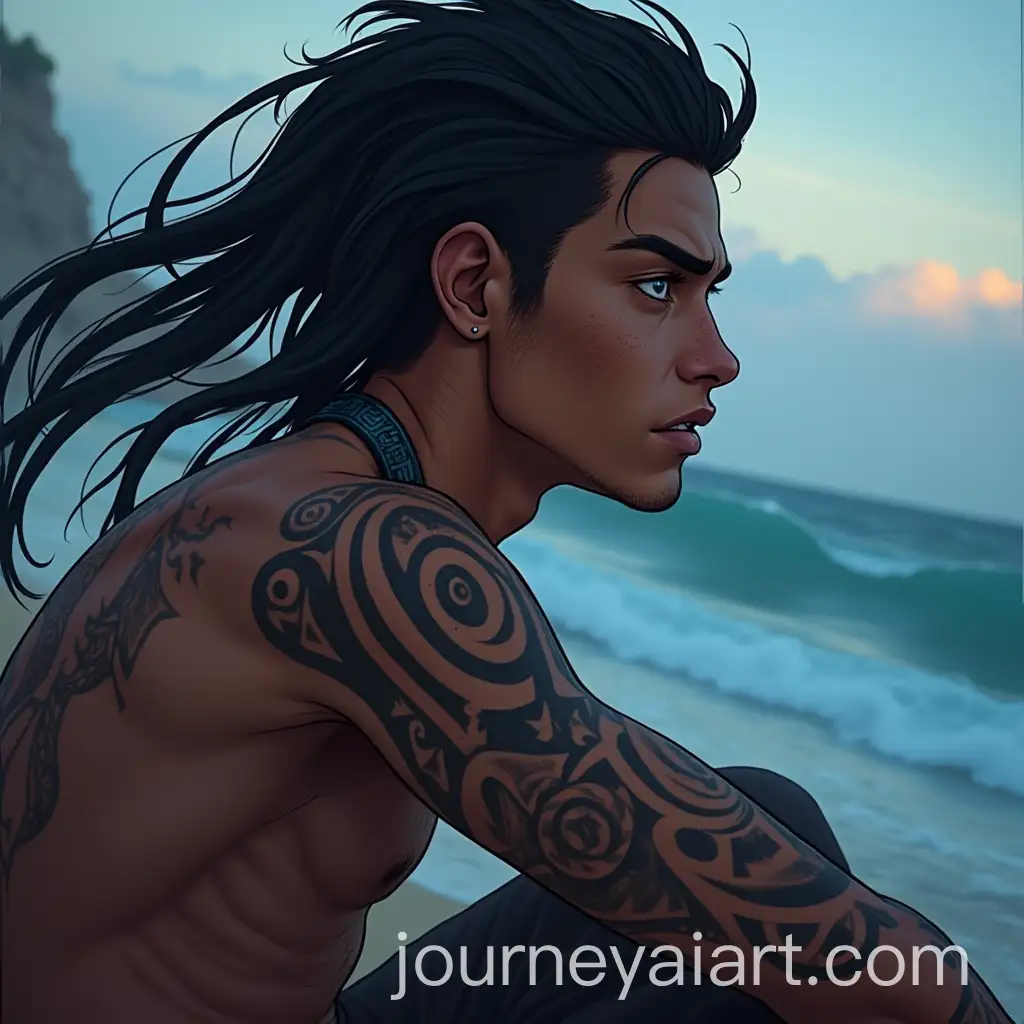 Fierce-Indigenous-American-Warrior-Staring-at-the-Ocean-with-Tribal-Tattoos