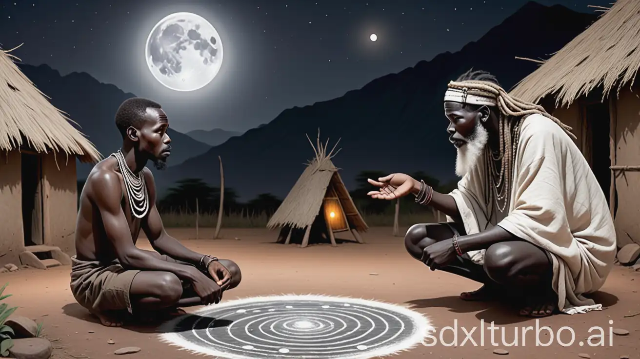 A young African man in his early twenties consults with an old African sage (shaman) with a white beard in an African Village in the night. The full moon is high in the skies against a mountainous background with thatched huts. The old shaman and the young man both watch the floor with two circles. One circle is drawn with white chalk and the other with black charcoal. In between the circles is a millipede crawling towards the black circle. The young man, tensed moves his hands to pick the millipede. Realistic images