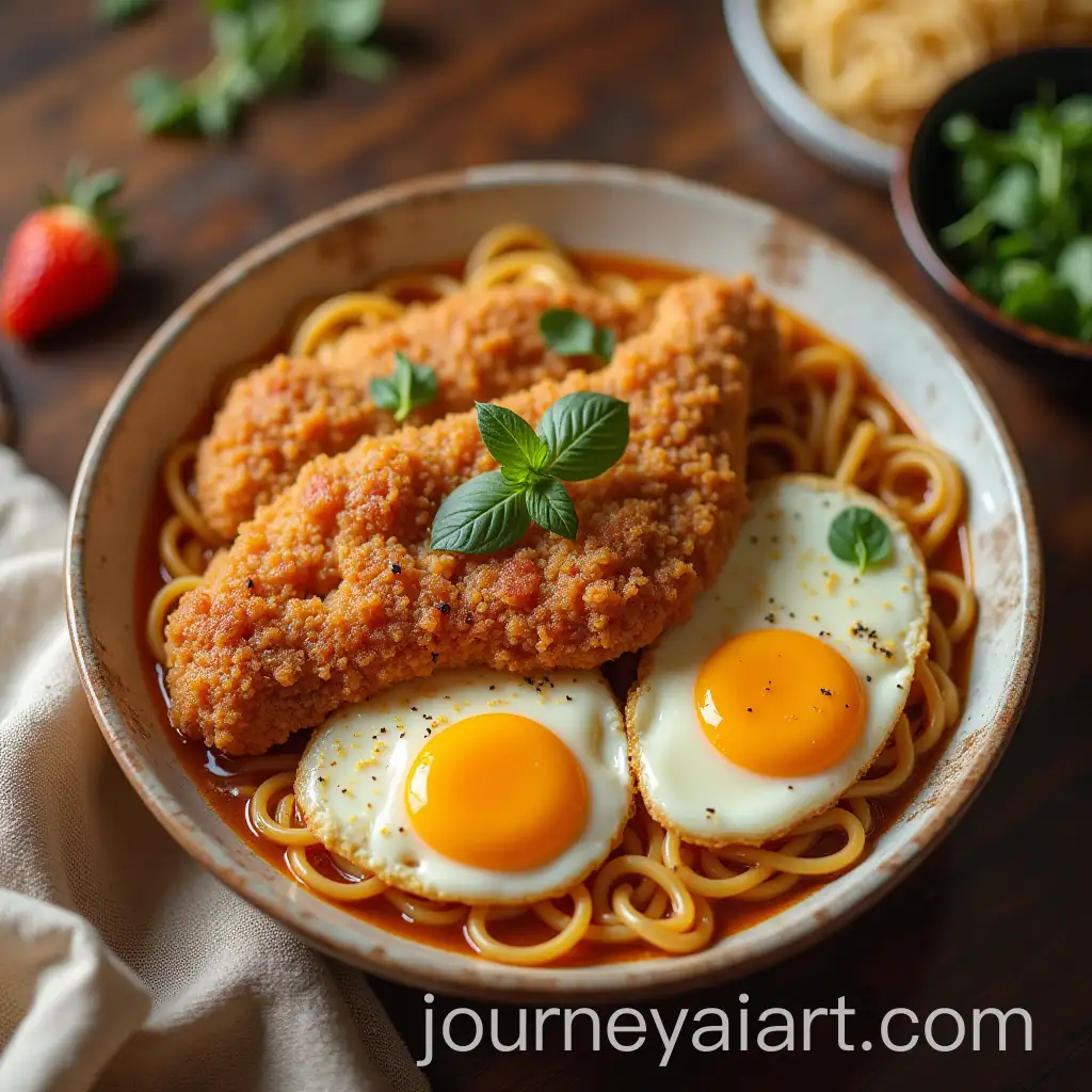 Beautiful-Woman-Making-Noodles-with-Eggs-and-Fried-Chicken-in-a-Realistic-Kitchen-Setting