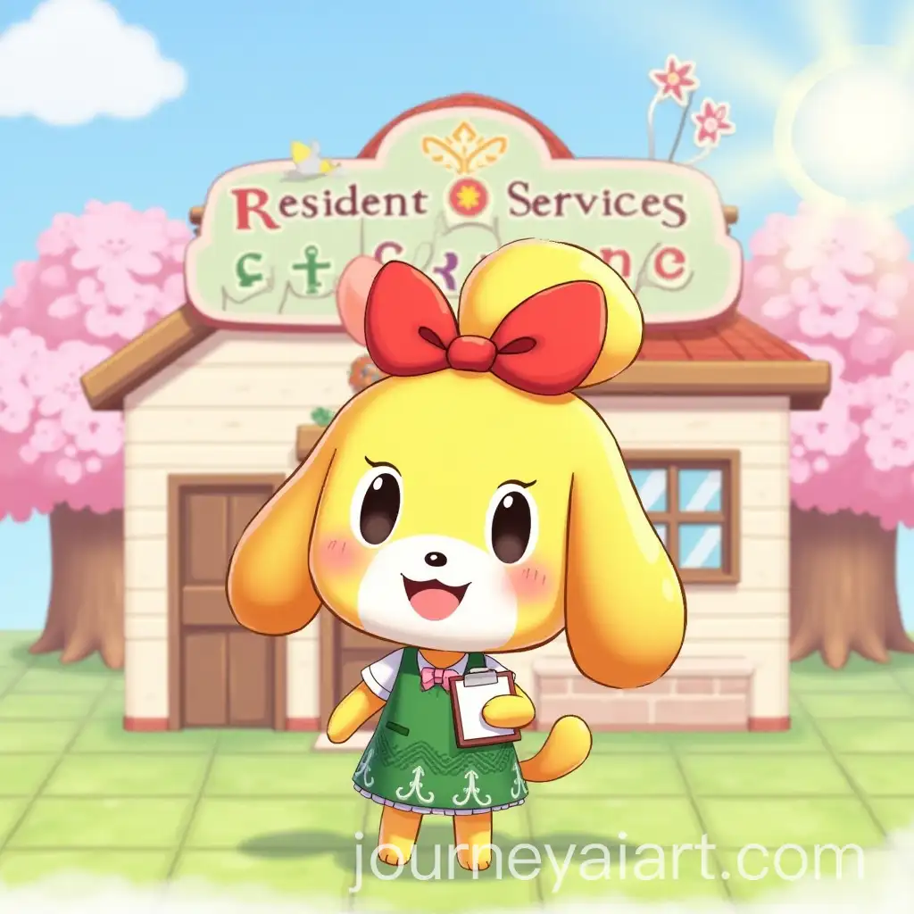 Isabelle-from-Animal-Crossing-Standing-Cheerfully-in-Front-of-Resident-Services