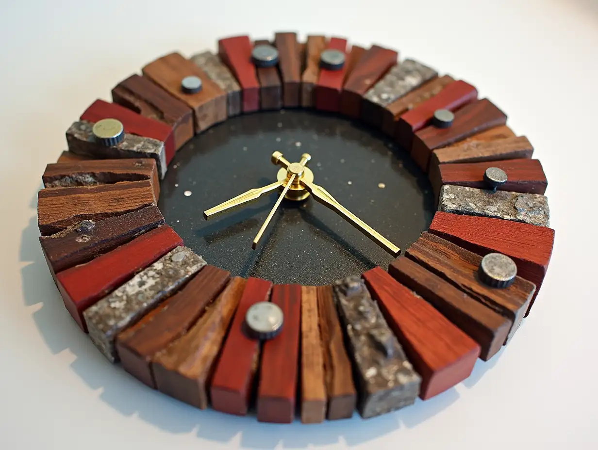 Clock made of resin mixed with wood, stone metal mutten, screws silver black, gold red