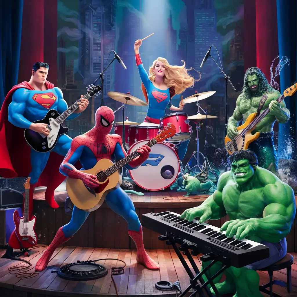 Superheroes Playing Musical Instruments Together