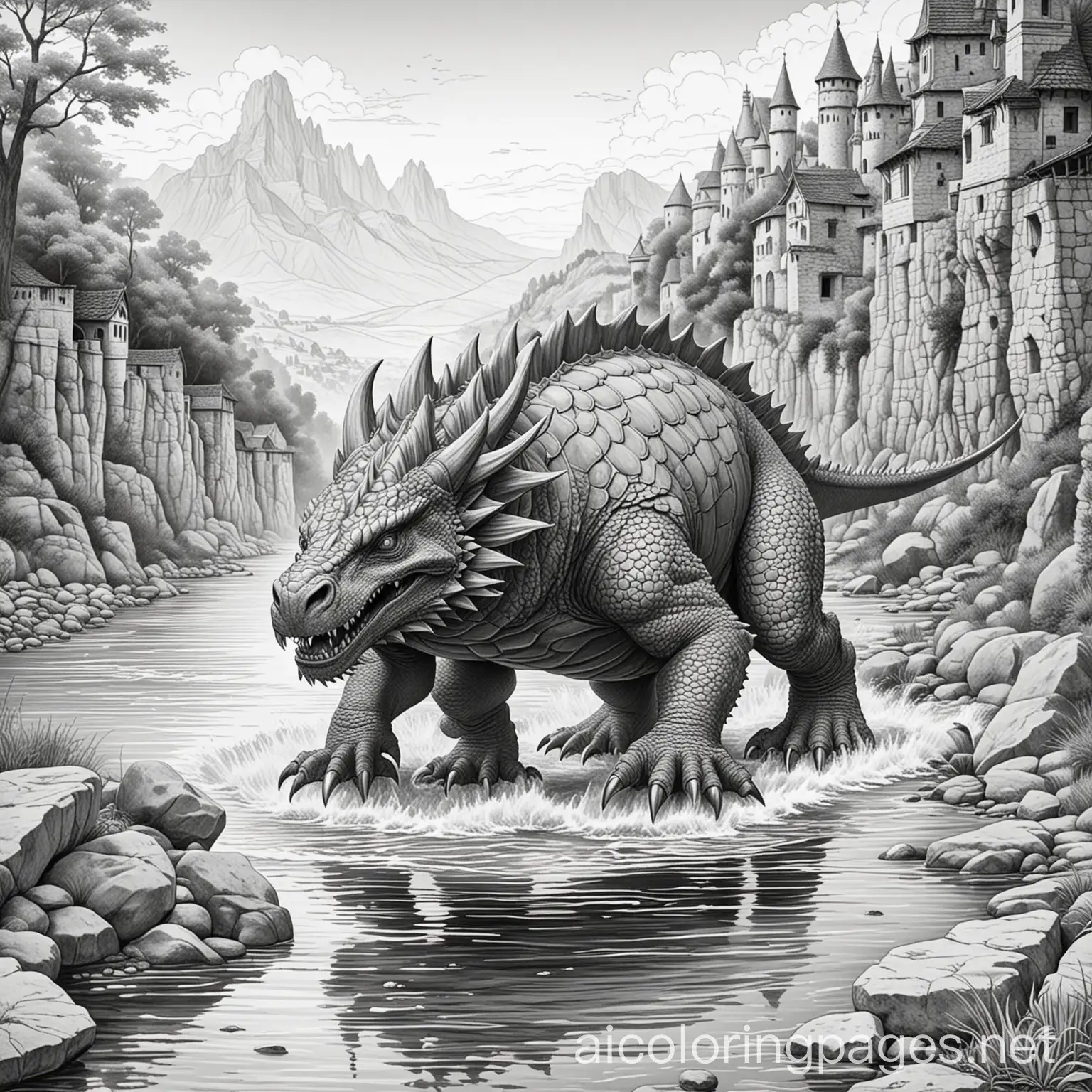 Tarasque-Dragon-Emerges-from-River-in-Medieval-Village