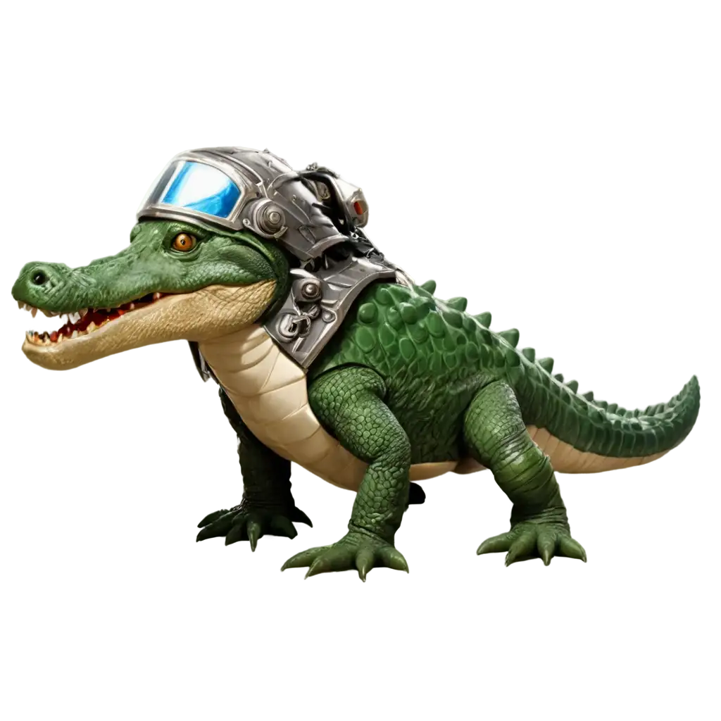 Protective watch pet Alligator with knight armor on, and a death laser attached to his night armor helmet.