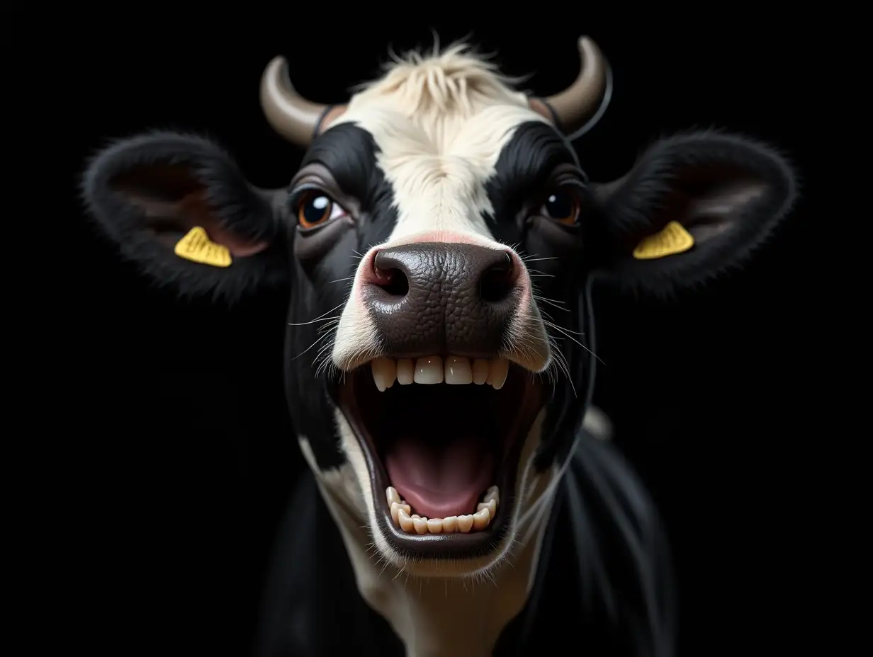 Hyperrealistic-Black-and-White-Cow-with-HumanLike-Laughing-Expression