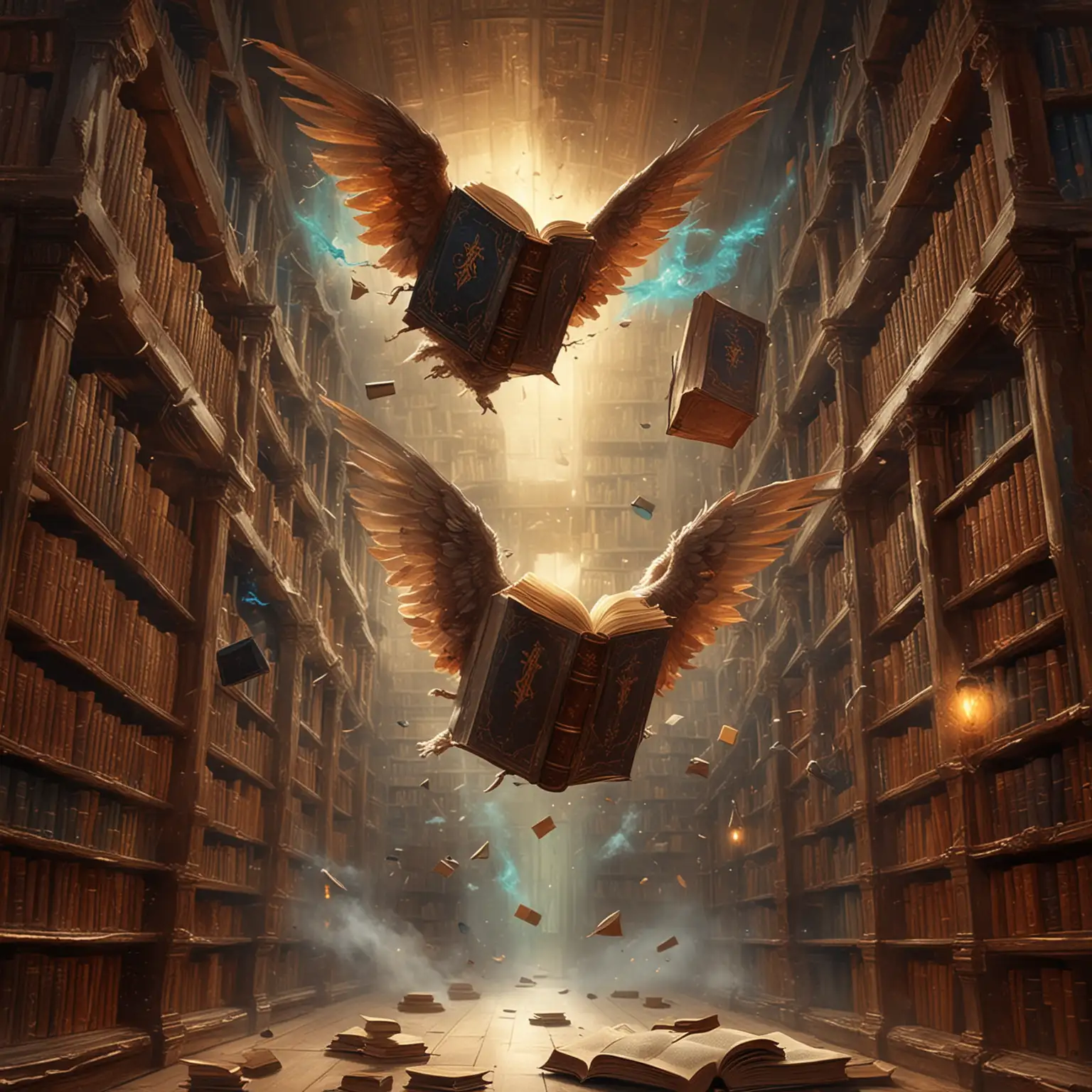 Fantasy Art Painting of Sentient Books Flying Through Library