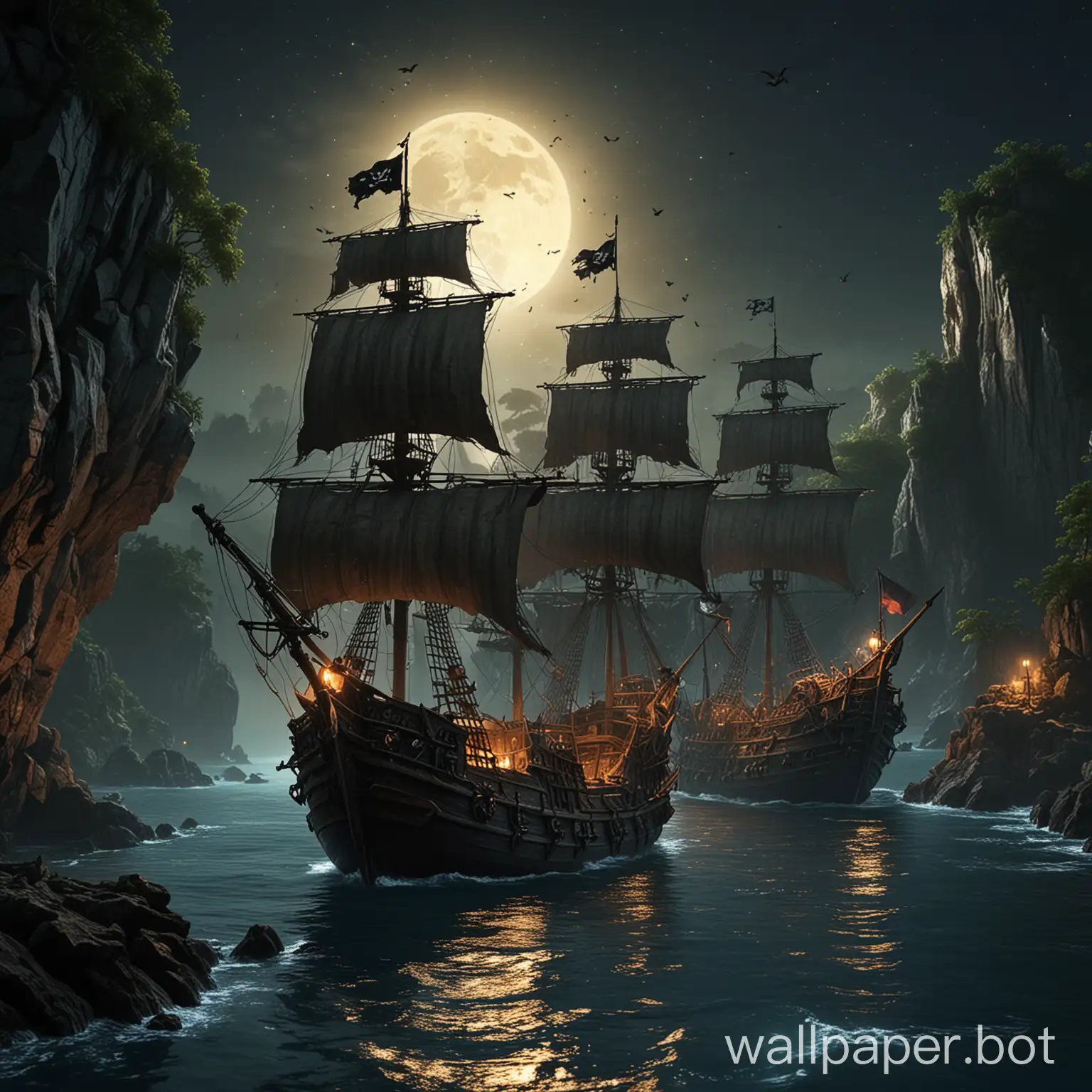 pirate ships in night island