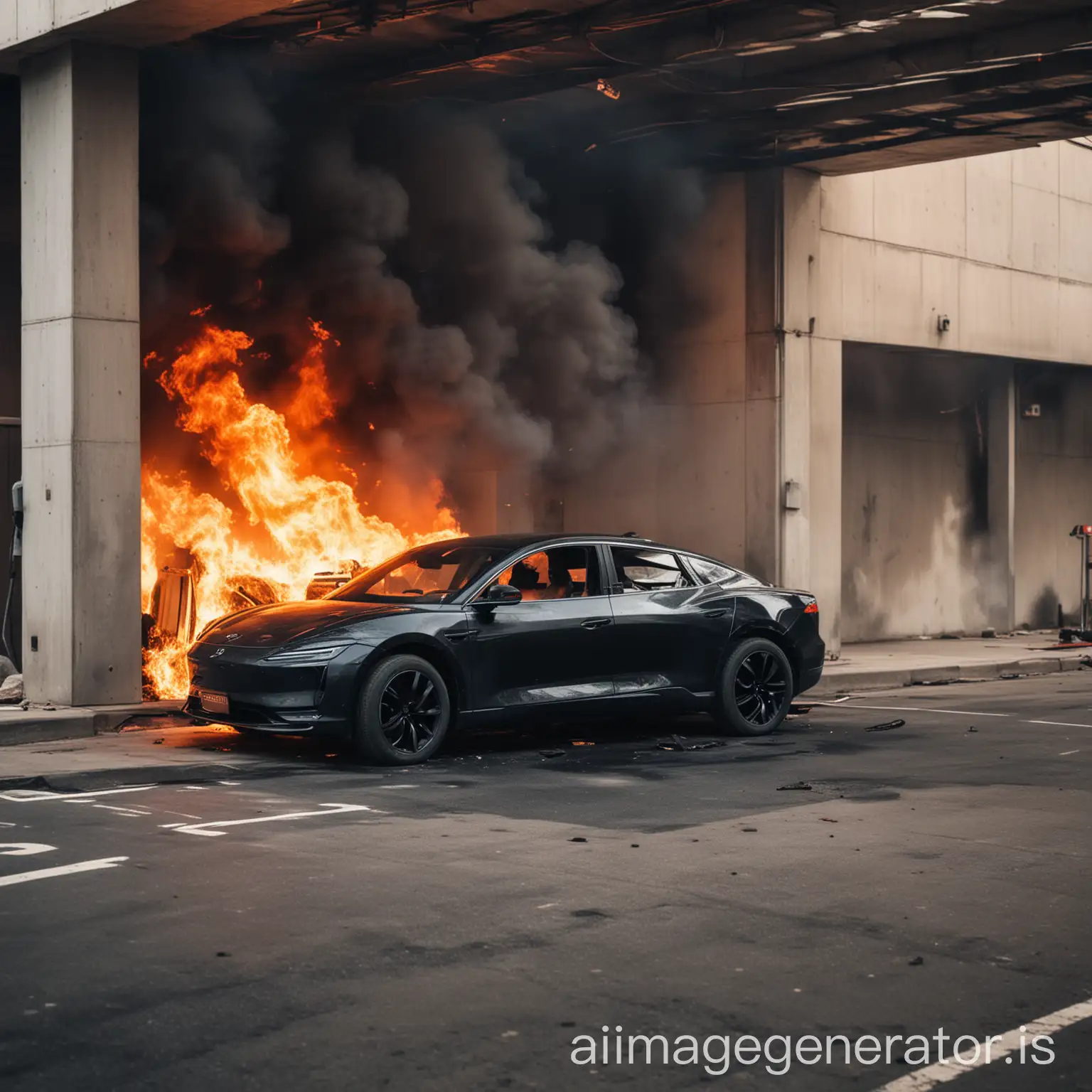 Sleek-Electric-Vehicle-Burning-in-Underground-Parking-Lot