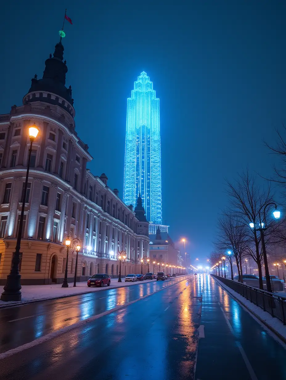 macro image of a gigantic cosmetological laser device and the main square of Ekaterinburg, lowangle