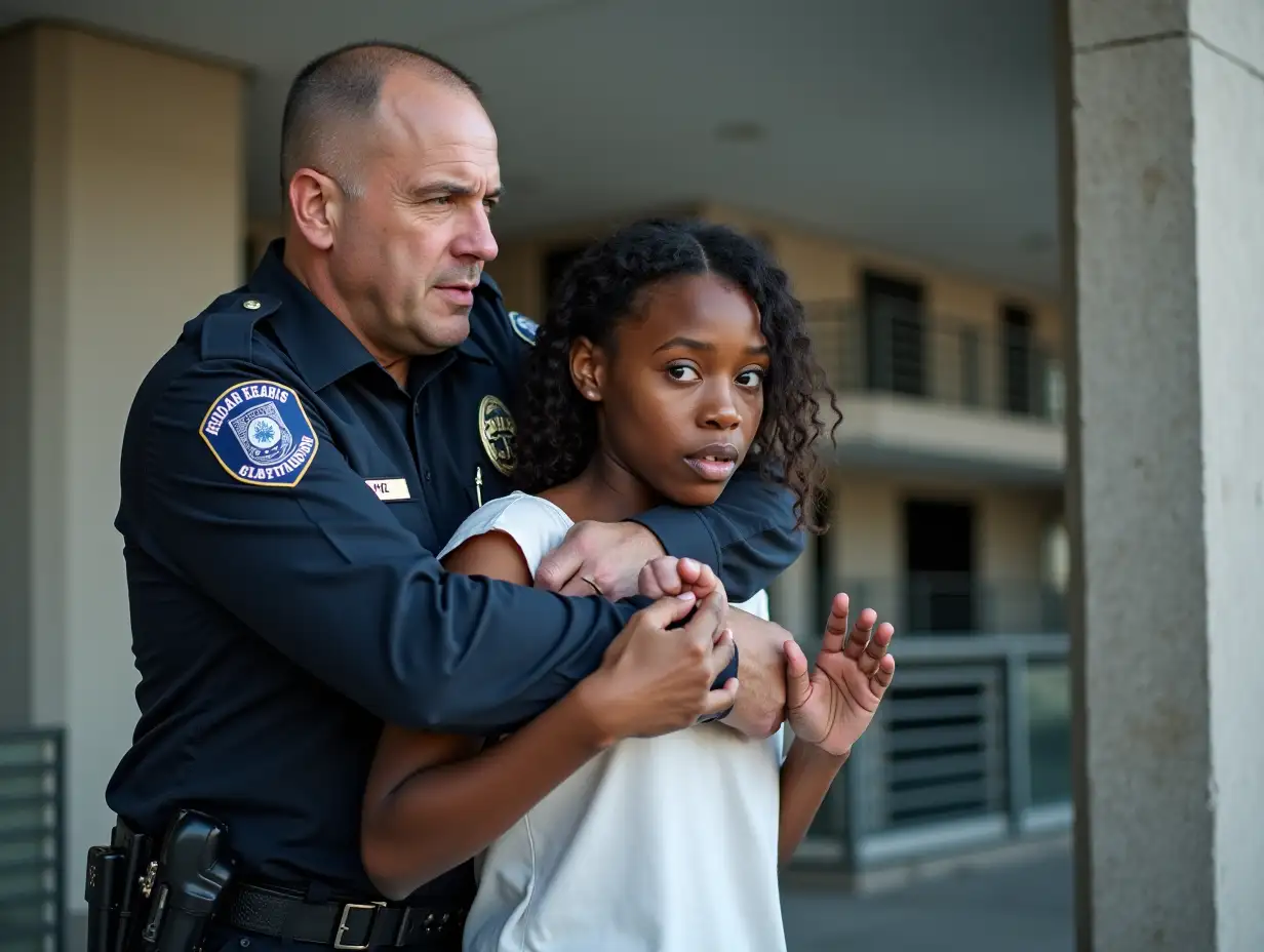 A stern-looking white male police officer in a dark blue uniform with a badge is arresting a young black woman in an outdoor urban setting. The officer is firmly holding the woman against a concrete pillar, gripping her neck as he restrains her. The woman, wearing a white top, looks away with a scared expression, her hands positioned defensively. The background shows a modern building with balconies and open corridors. The lighting is natural, giving a realistic and dramatic feel to the moment.