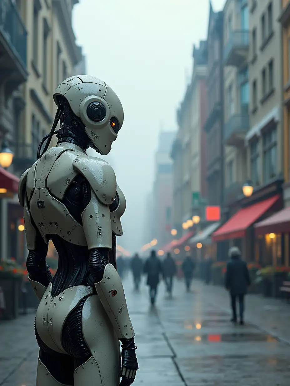 Visualize sci-fi cyborgs in iconic Quebec City settings, blending futuristic elements with the city's historic and modern architecture.  Each scene captures the contrast and harmony between technology and tradition, offering a unique perspective on urban life.