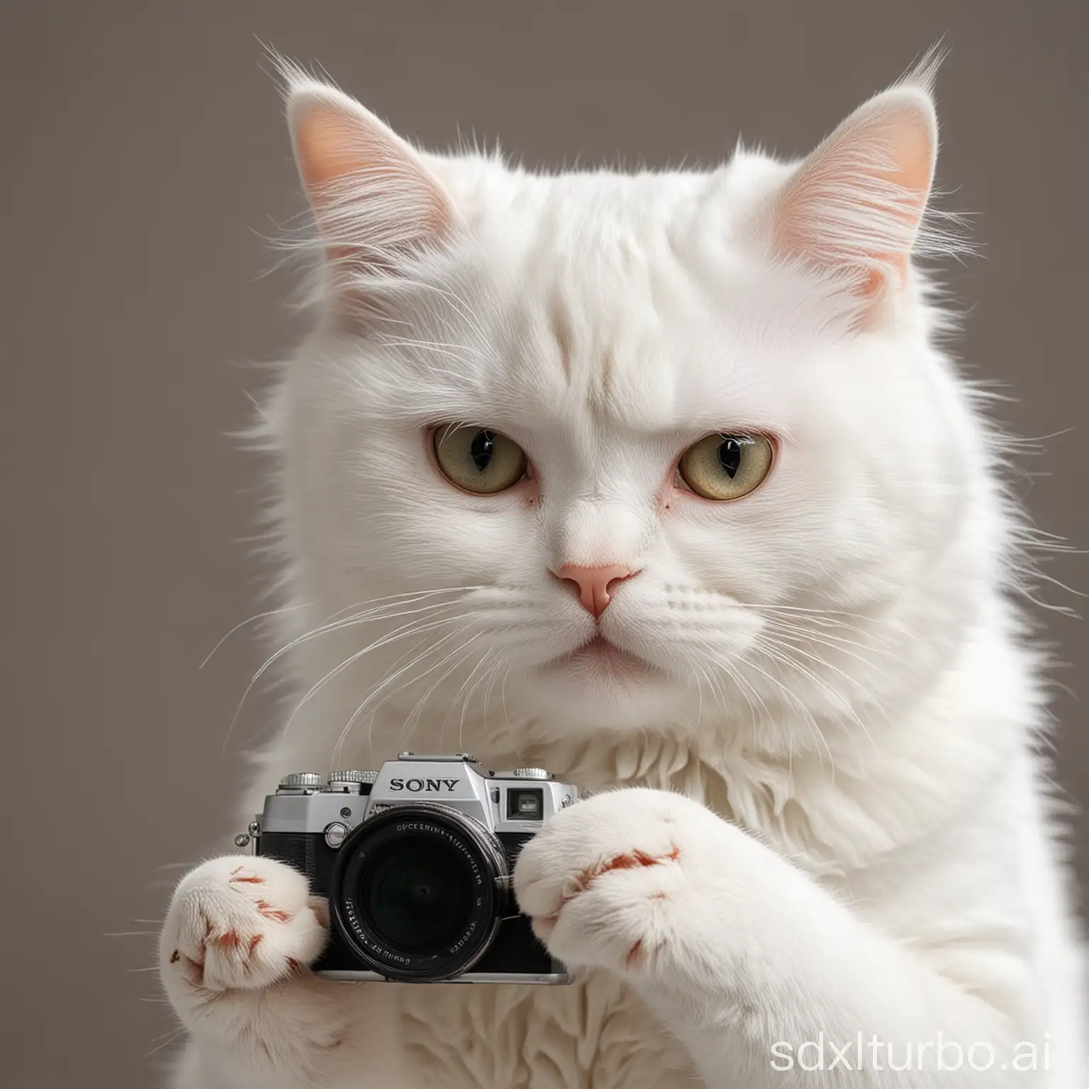 white funny cat unhappy with digital camera sony in his hands