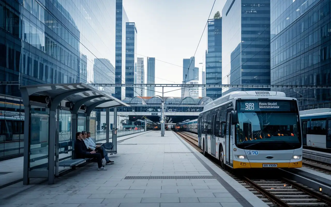 Modern-Cityscape-with-Smart-Transport-Bus-and-Train-in-a-Cold-Technological-Setting