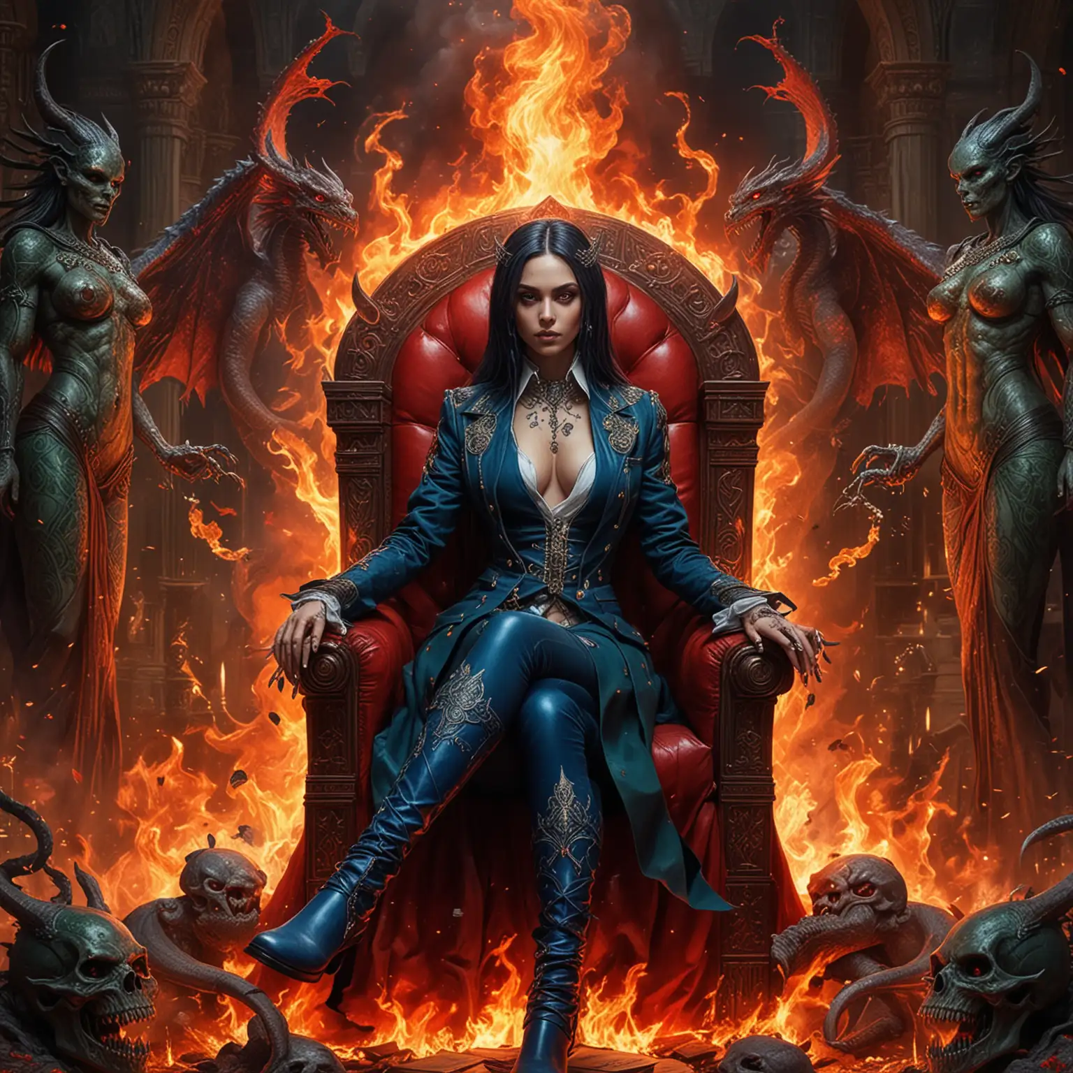 Adolescent Goddess Sorceress in Fiery Command on a Demonic Throne