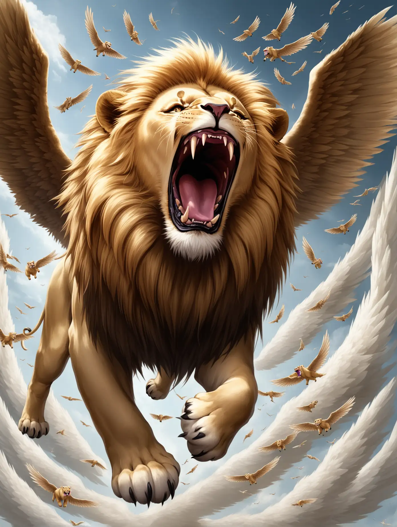 Lion with wings flying through the air, with its mouth agape, roaring.