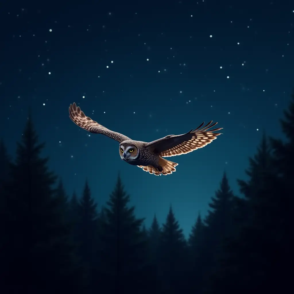 Majestic Owl Soaring Amidst Starlit Forest