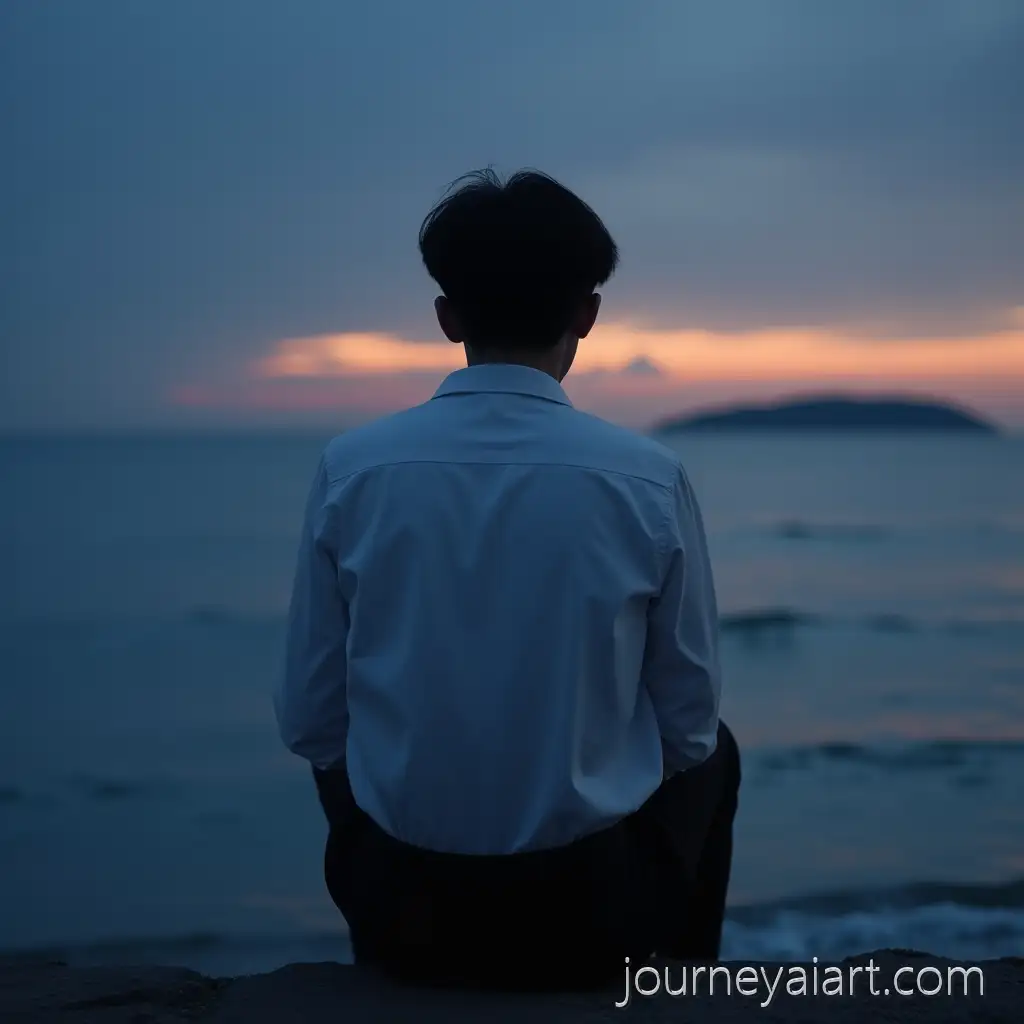 Melancholic-Korean-Man-Sitting-on-Shore-at-Dusk-Ocean-Waves-and-Sunset-Sky