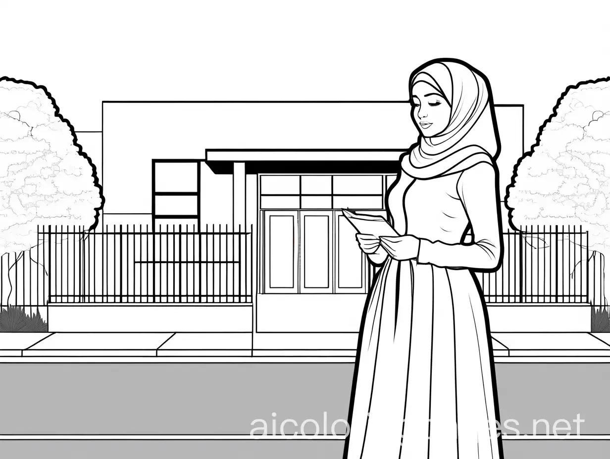 Muslim-Woman-in-Hijab-Standing-Outside-School-Coloring-Page