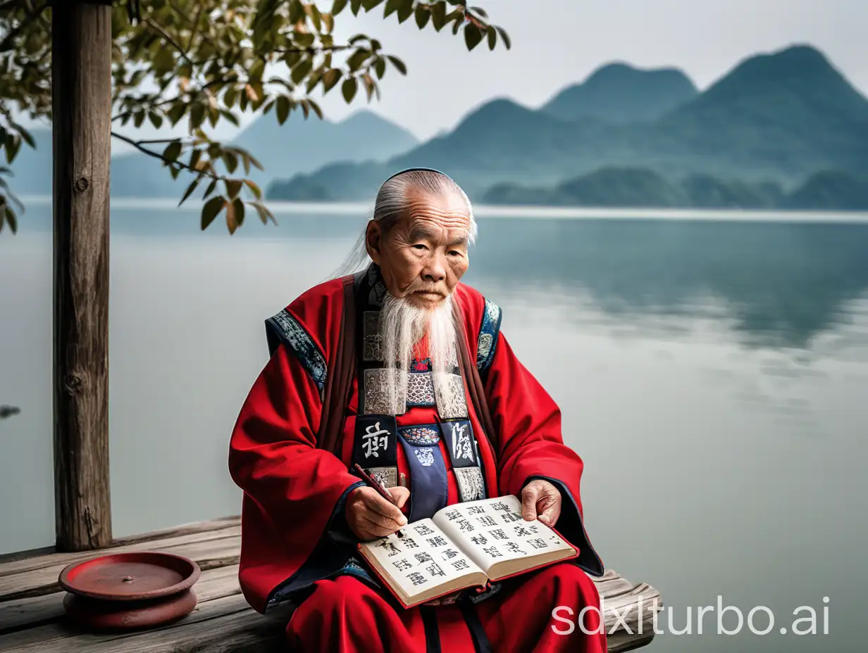 Wise-Chinese-Elder-Holding-Taihu-Scripture-by-Lake-Tai