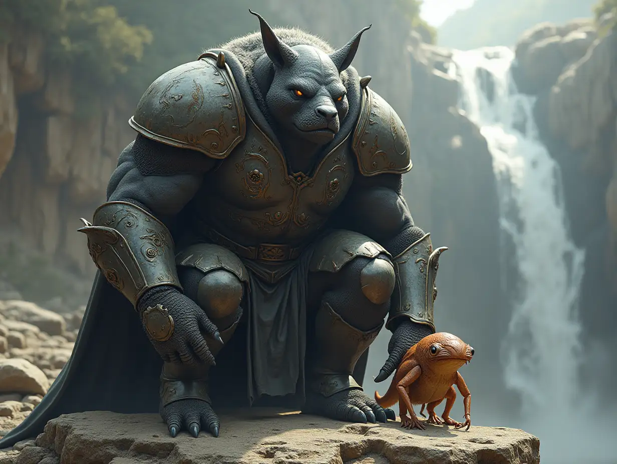 A very detailed photo. A full-body representation of an animal-hybrid bodybuilder with knight armor and Nyctalus noctula and Nyctalus noctula on a rock