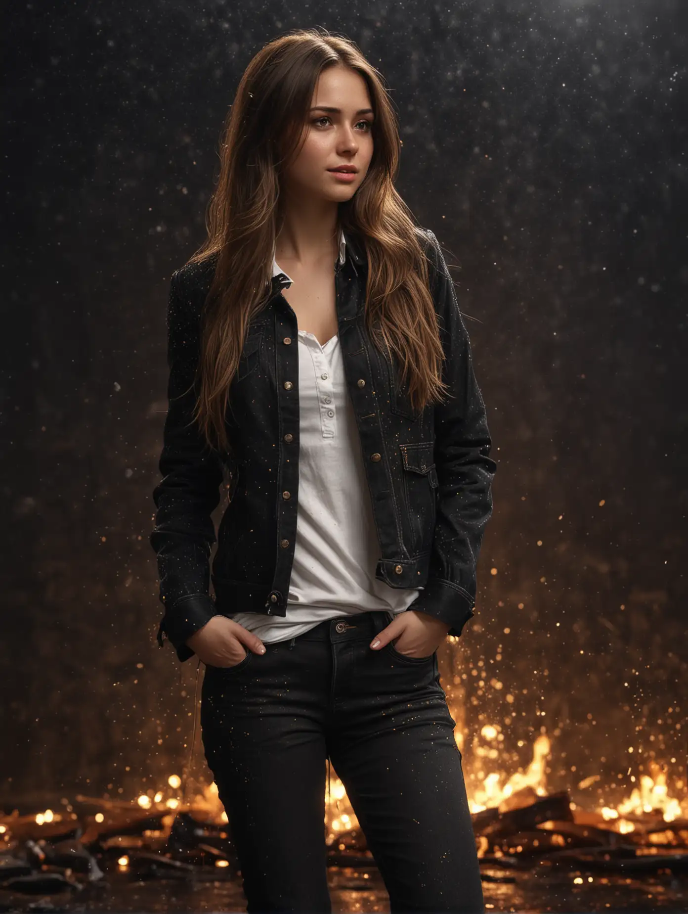 Woman-with-Long-Brunette-Hair-in-Black-Jacket-Surrounded-by-Fire-and-Golden-Sparkling-Rain