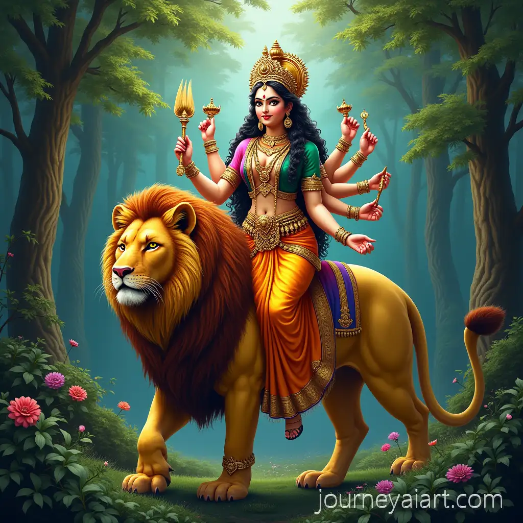 DivineDivine-Goddess-Durga-Lion-Goddess-Durga-Riding-a-Majestic-Lion-in-a-Vibrant-Forest