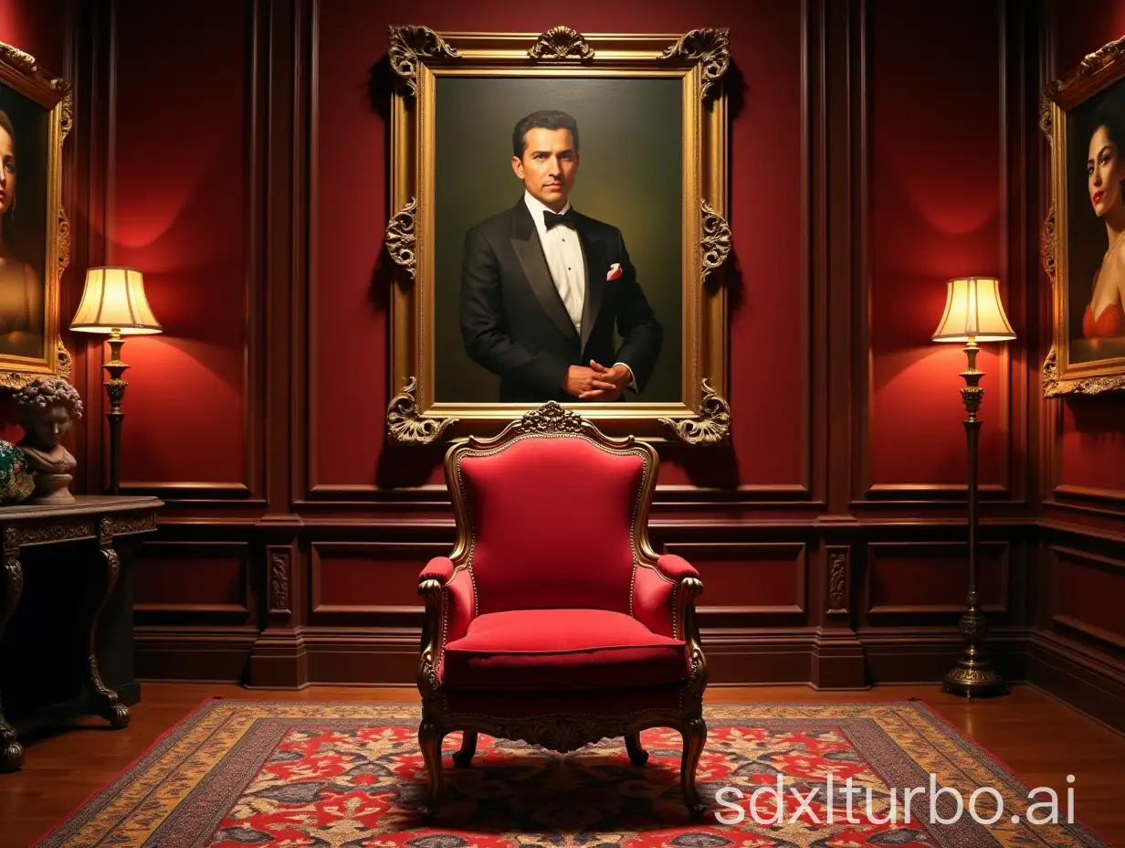 Tony Montana's empty throne in a elegant room surrounded by Expensive paintings