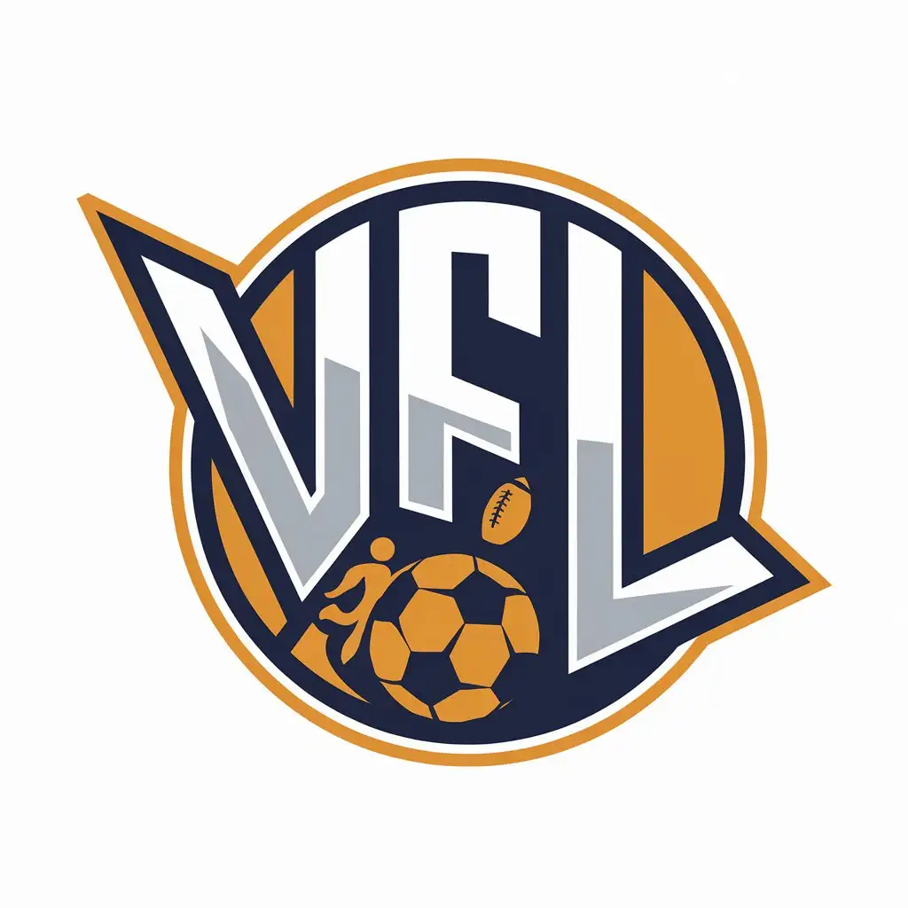 a vector logo design,with the text "VFL", main symbol:VFL, soccer ball, child, football player, round logo,complex,clear background