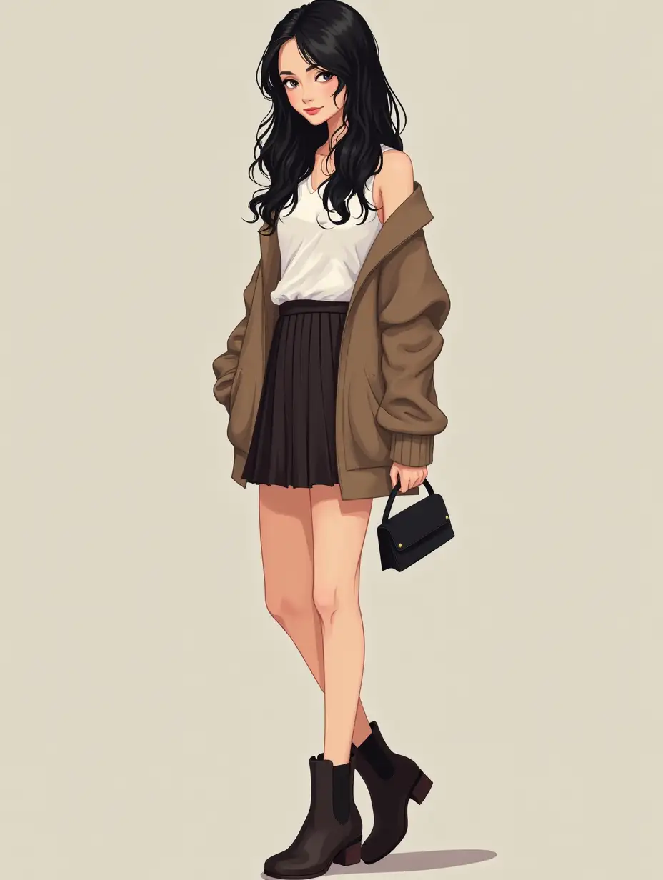 A Vietnamese girl, slender figure, long black hair slightly wavy, wearing a short flared skirt, white sleeveless blouse inside, paired with a brown sweater outside, wears ankle boots, holding a small black handbag