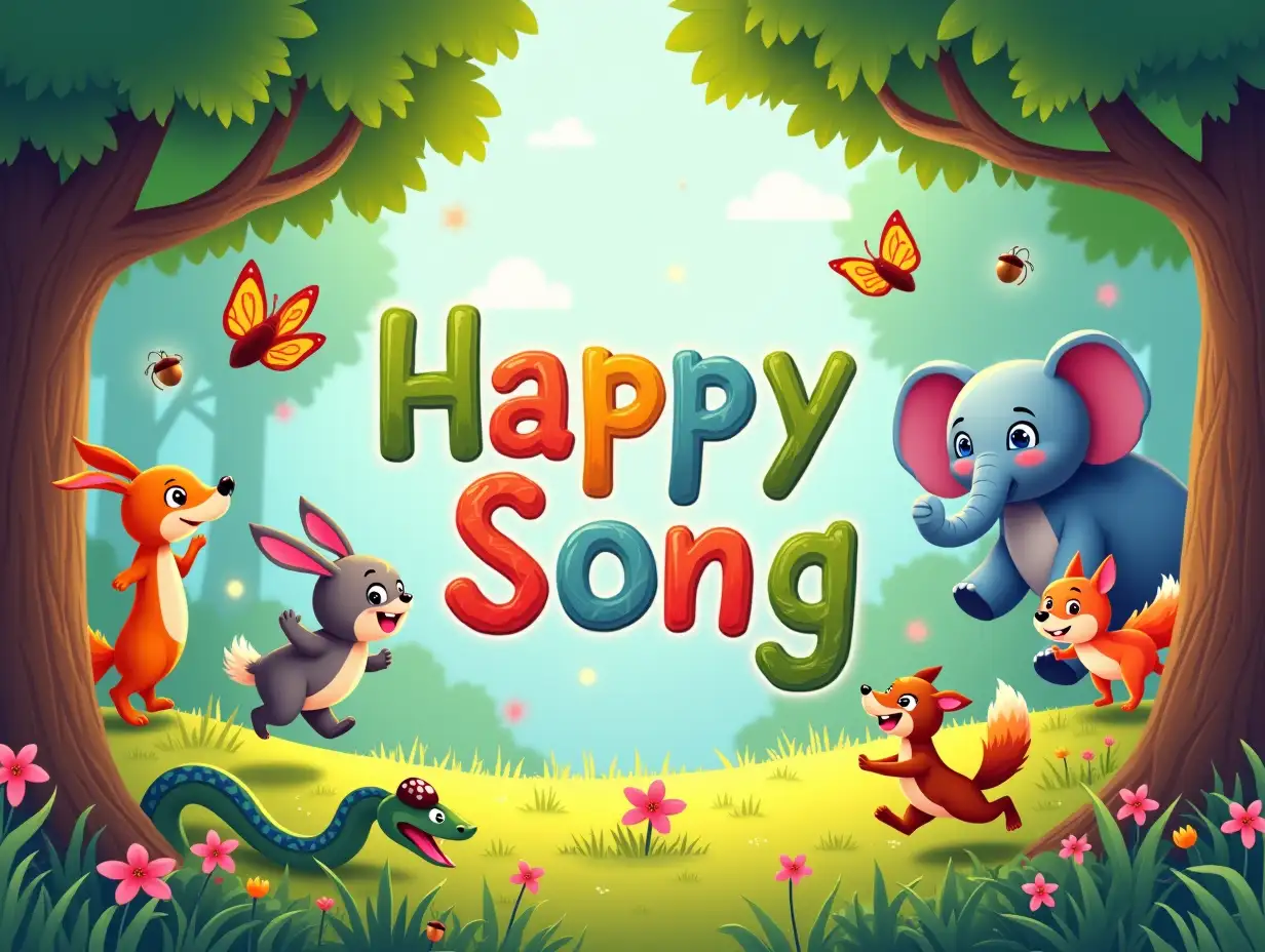 A colorful and joyful illustration of an enchanted forest, full of happy animals that dance and play together. A rabbit happily jumps with moving ears, a snake gently slithers through the grass, an elephant trumpets with joy, and a fox runs fast among the trees. A butterfly flutters among the flowers, while a ladybug sings above a leaf. A squirrel jumps from branch to branch with an acorn between its paws. The atmosphere is festive, with soft lights that remind of a magical afternoon in the forest. The song title is centered in a playful and lively font, with bright colors that stand out on the cheerful background.