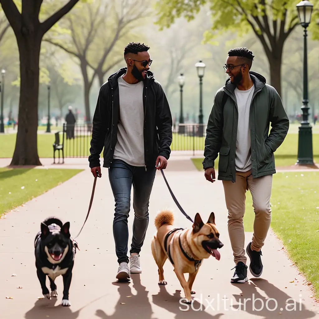 Two-Males-Walking-Dogs-in-the-Park