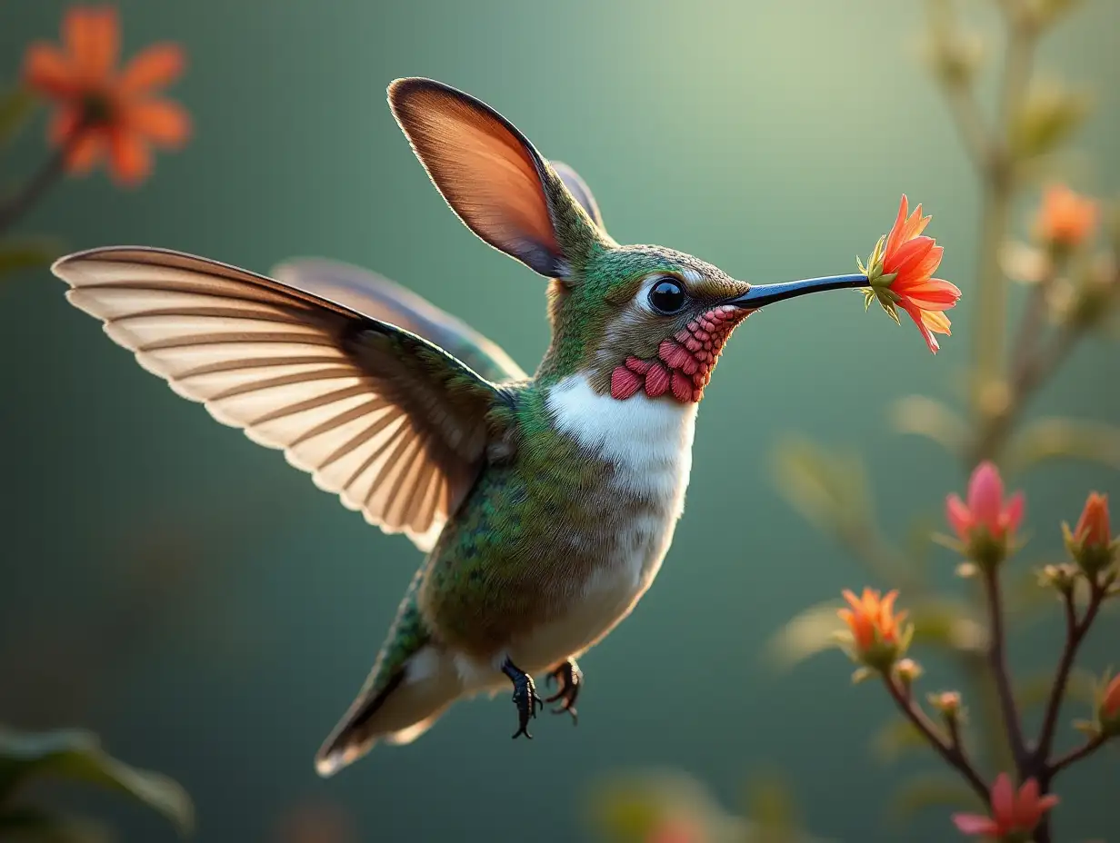 Create a surreal world hummingbird with rabbit head