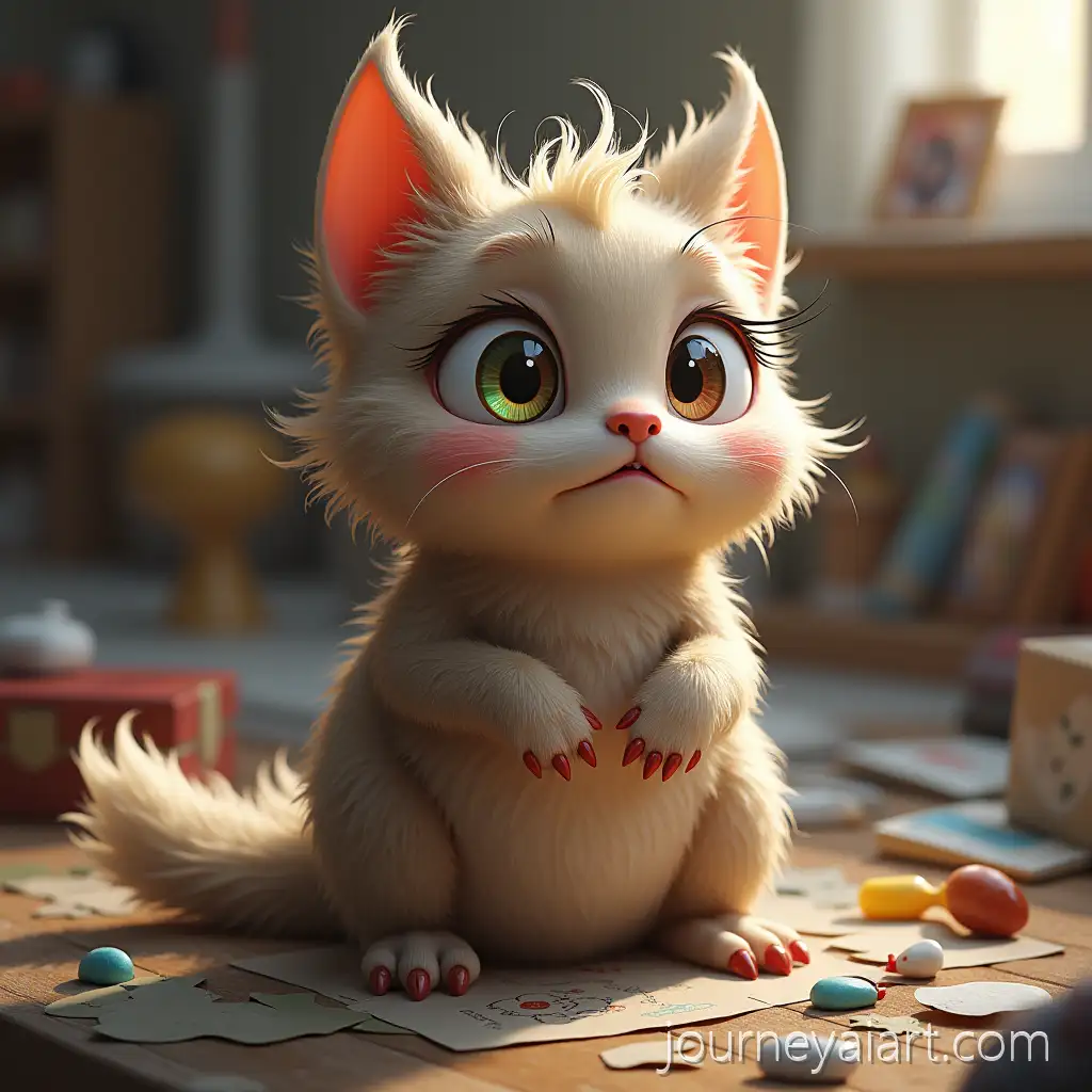 Cute-Mythical-CreatureAI-Image-Expansion-with-Tousled-Fur-and-MultiColored-Eyes-Surrounded-by-Household-Items