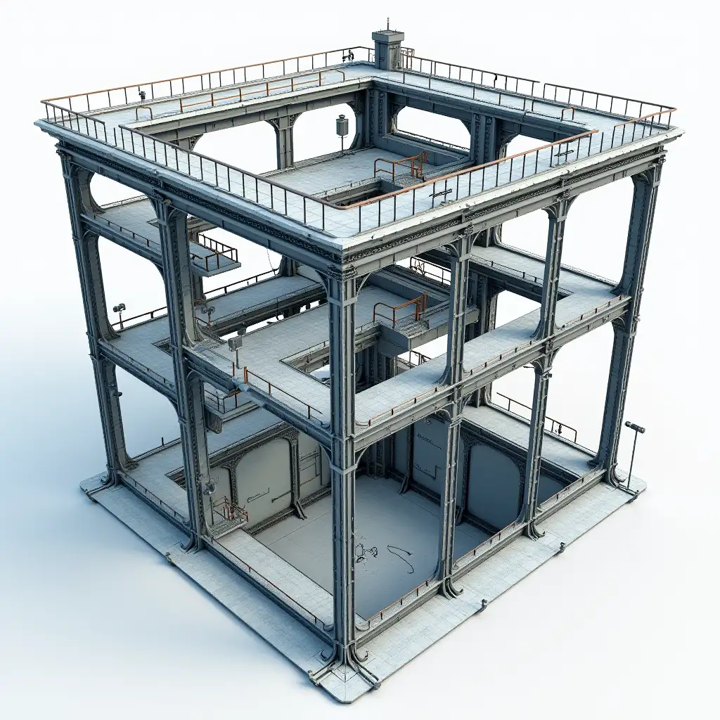 Futuristic-Steel-Frame-Structure-Inside-a-10Meter-Hole-with-Six-Distinct-Levels