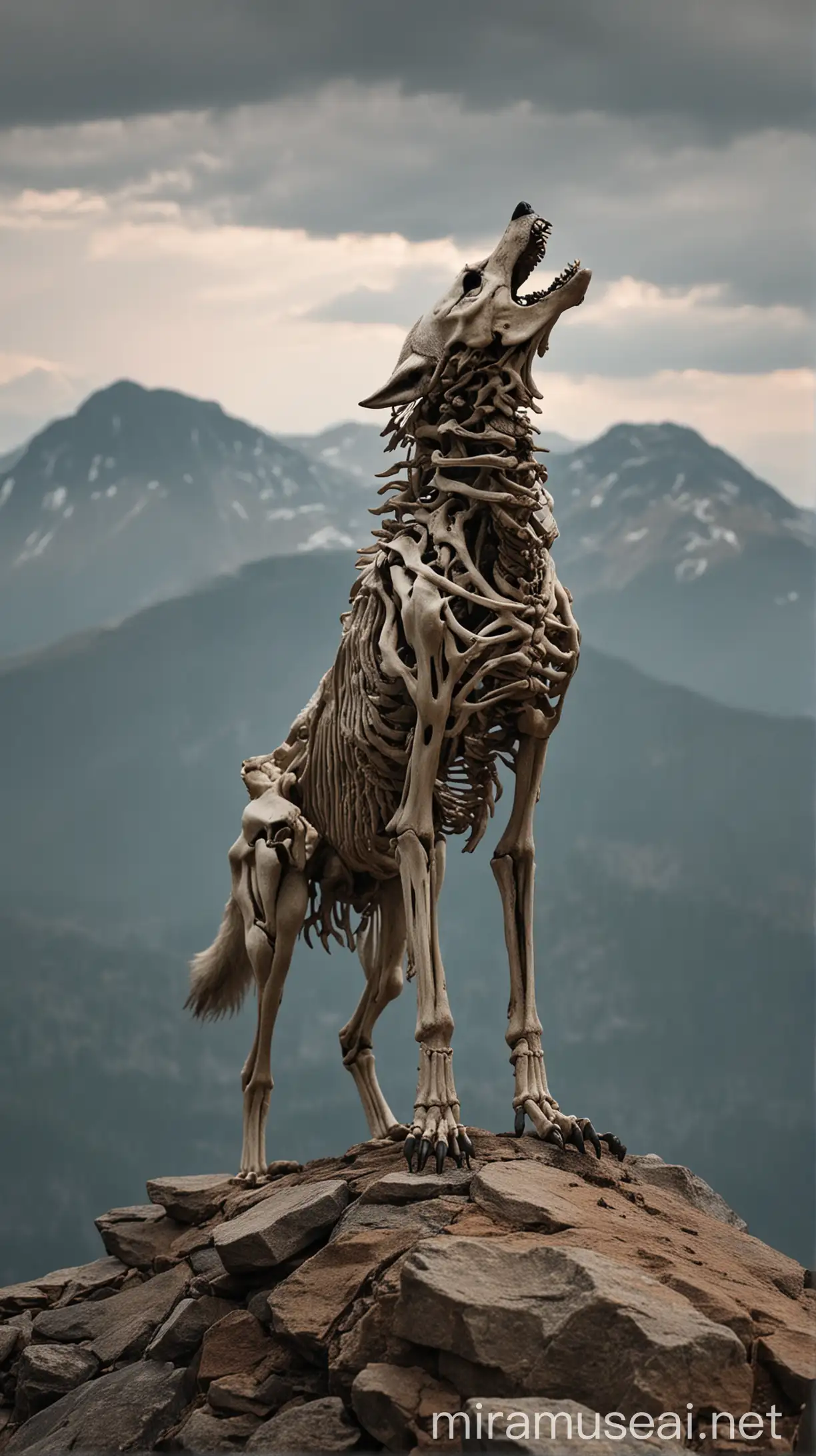 Wolf Skeleton Howling on Mountain Peak