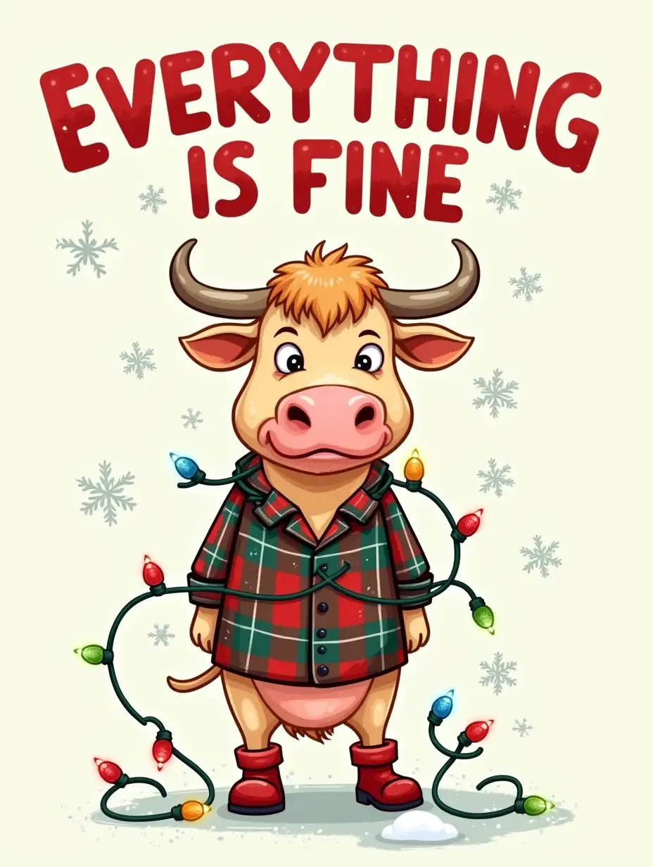 caricature style. Create a humorous Christmas-themed graphic featuring a cute Highland cow tangled in Christmas lights. The cow should have a disgruntled expression and be wearing a plaid shirt and red boots. The text 'EVERYTHING IS FINE' should be prominently displayed in bold, contrasting fonts, with a playful, handwritten style. The background should be a light, neutral color with snowflakes and glitter. Consider adding other festive elements, such as a Christmas tree or presents, to enhance the visual appeal. The overall style should be lighthearted and fun, with a touch of irony.