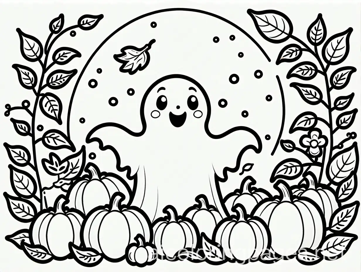 Cute-Ghost-Coloring-Page-Surrounded-by-Pumpkins-and-Flowers