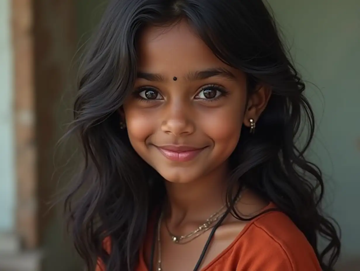 Make an image of an Indian girl who is beautiful and a little dark with gray eyes, heart-shaped lips, fluffy cheeks, a height of 5.6 feet, and has a smile on her face