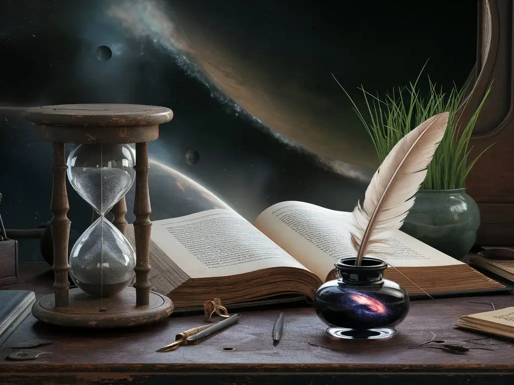 old desk with antique hourglass open book inkwell with galaxy inside quill pen vase with grass inside space in background