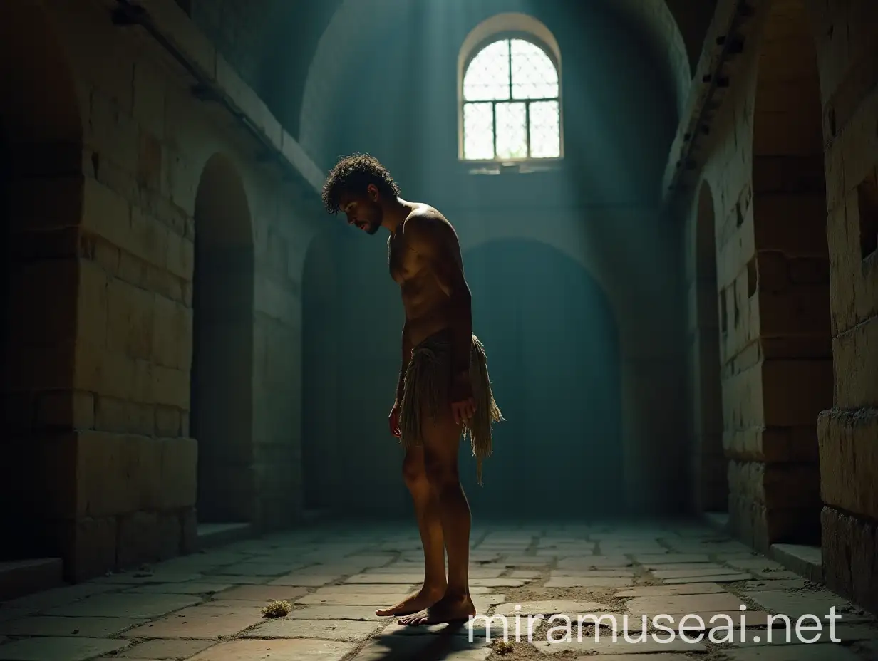 Vulnerable Young Man in an Ancient Prison Vault