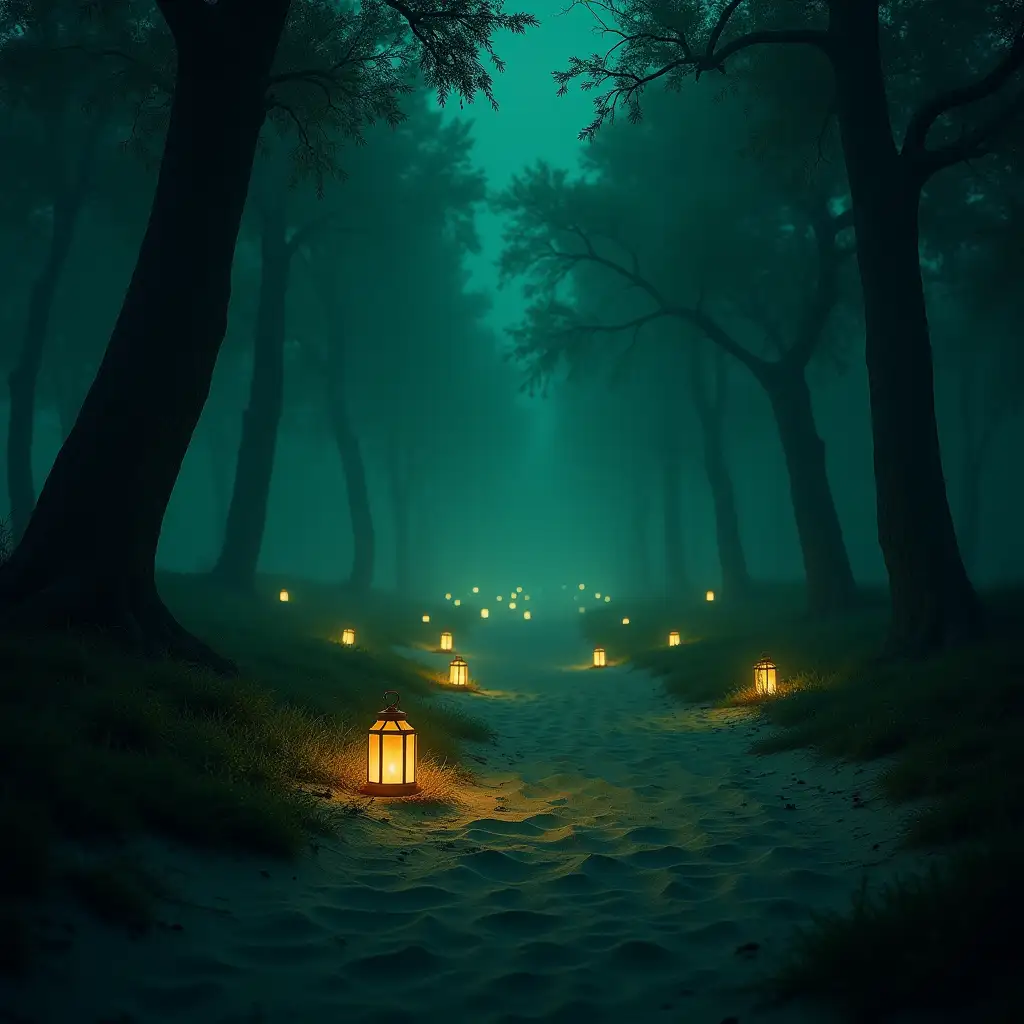 Mystical-Green-Dune-Forest-at-Night-with-Floating-Lights-and-Lanterns